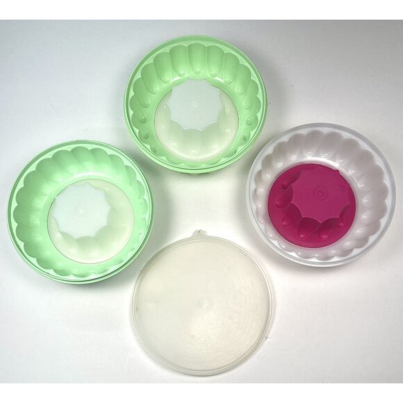 Lot 3 TUPPERWARE 9" Jell-O Mold Green (2) 1201-11 Hot Pink (1) 1201-21 +Lid READ - Picture 1 of 6